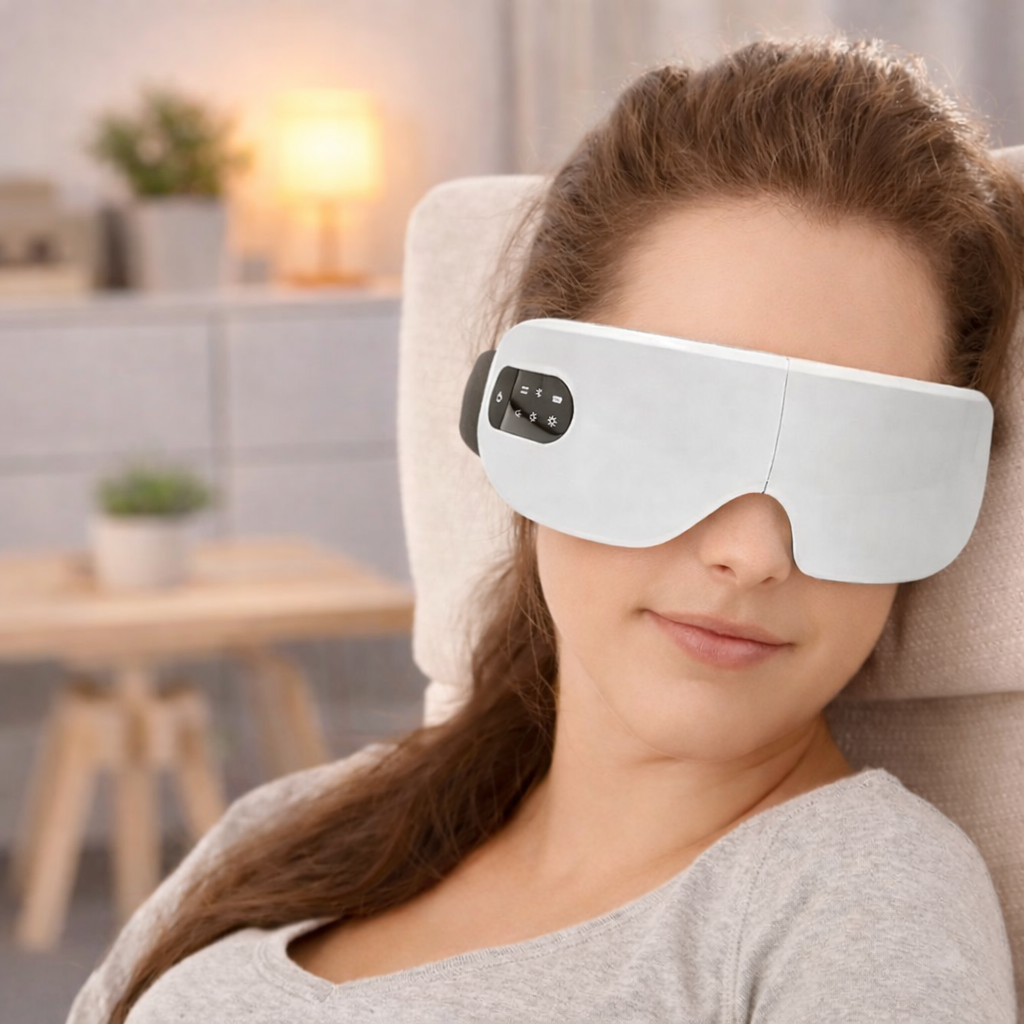 Personne portant le masseur oculaire Calmeria ZenEyes pour un moment de détente